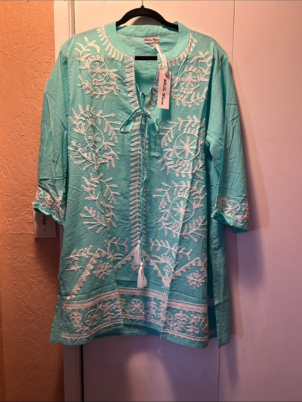 White waves aqua embroidered dress with tassel tie
